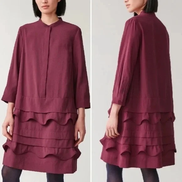 NWT COS Burgundy Long Sleeve Tiered Ruffle Dress sz 4 - Picture 1 of 4
